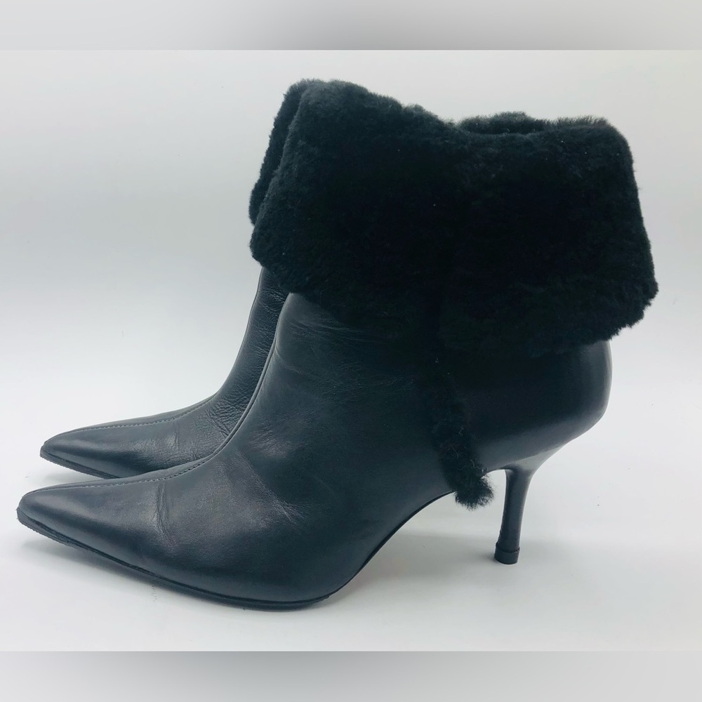 Circa Joan & David Black Leather Shearling Cuff Ankle Boots Size 8M Heels
